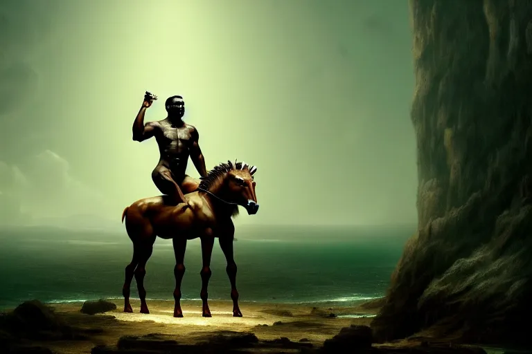 Prompt: a cinematic shot of a centaur centaur centaur chimera kanye west shirtless torso majestic matte painting by beeple gustave dore artstation cgsociety