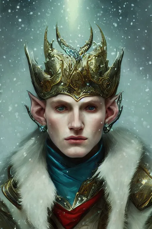 Image similar to portrait of a handsome pointy - eared male snow elf in a turquoise cape and silver ornate armour, albino skin, androgynous face, mid - shot, moonlight snowing, ethereal opalescent mist, winter vibes, perfect face, elegant, very coherent symmetrical artwork, by greg rutkowski, alphonse mucha, charlie bowater, trending on artstation