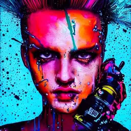 Image similar to splashes of neon, mowhawk, punk portrait made out of paint with rain in the background, trending on artstation, epic composition, emotional, beautiful, rendered in octane, highly detailed, realistic, tim burton comic book art, sharp focus, matte painting, unreal engine