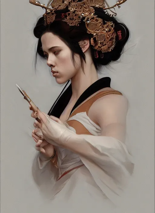 Image similar to symmetry!! scarlett johansson, geisha, machine parts embedded into face, intricate, elegant, highly detailed, digital painting, artstation, concept art, smooth, sharp focus, illustration, art by artgerm and greg rutkowski and alphonse mucha, 8 k