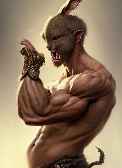 Prompt: portrait of aggressive bunny humanoid, d & d, muscular! fantasy, intricate, elegant, highly detailed, digital painting, artstation, concept art, smooth, sharp focus, illustration, art by artgerm and greg rutkowski and alphonse mucha