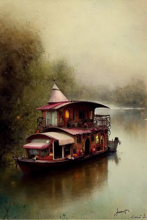 Image similar to (((((1950s fairy tale gypsy house boat floating on a river . muted colors.))))) by Jean-Baptiste Monge !!!!!!!!!!!!!!!!!!!!!!!!!!!