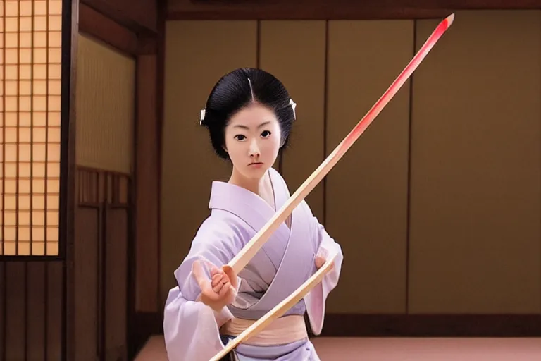 Image similar to beautiful photo of a young modern geisha samurai practising the sword in a traditional japanese temple, mid action swing, beautiful eyes, huge oversized sword, award winning photo, muted pastels, action photography, 1 / 1 2 5 shutter speed, dramatic lighting, anime set style