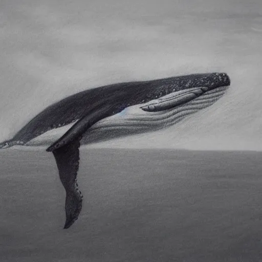 Image similar to a dark cloudy day, a whale swimming in the sky, pencil drawing, ultra realistic