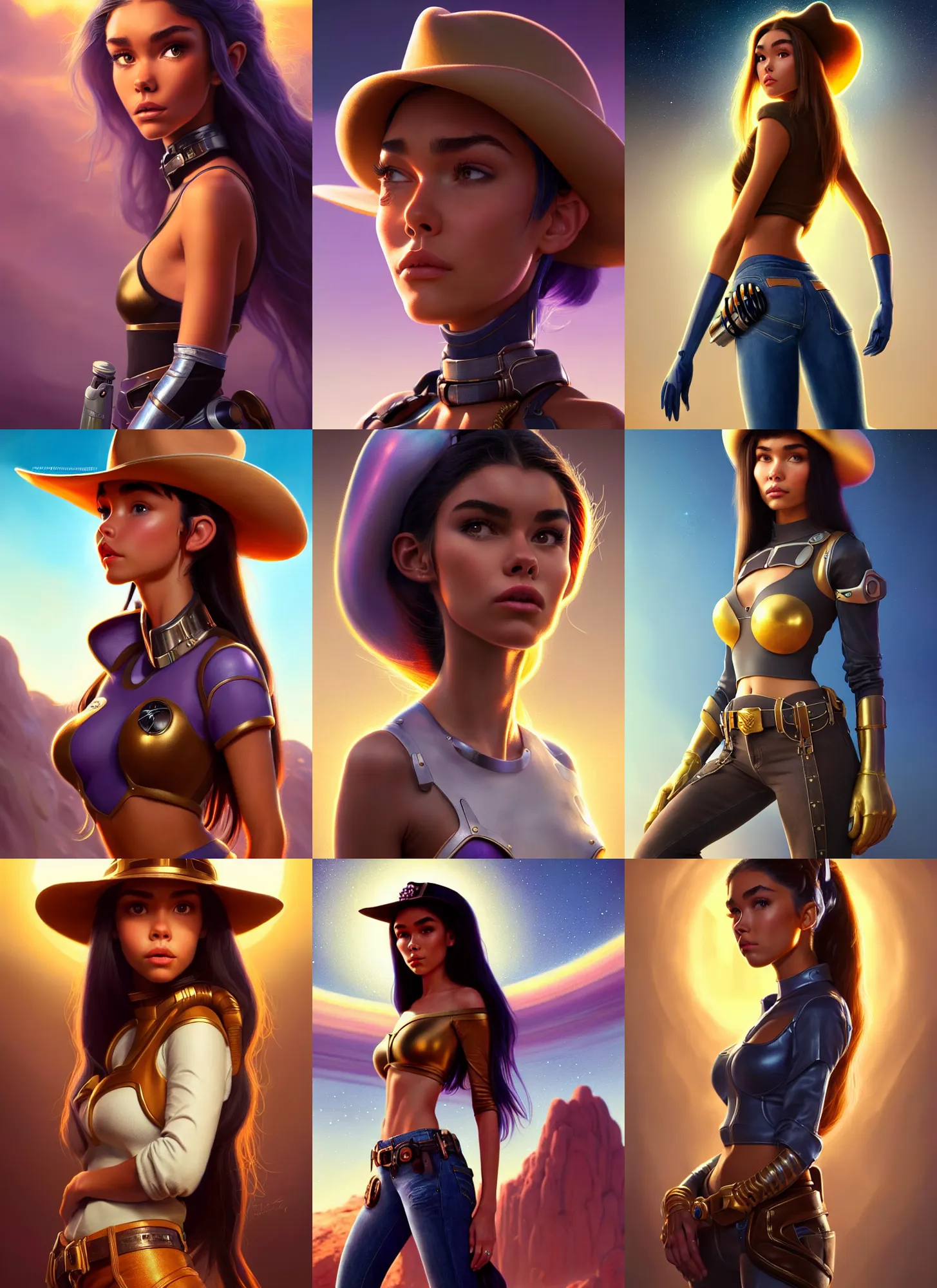 Prompt: madison beer polished sweaty space cowgirl : : weta disney pixar movie still portrait photo : : hi - fructose, zebra, sci fi, fantasy, decadent highly - detailed digital painting, golden ratio, octane render, artstation, smooth, sharp focus, artgerm, mucha, loish, wlop : :