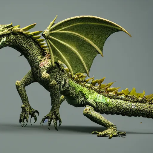 Image similar to an injured damaged dragon with patchy green scales and exposed bones and has a broken wing and leg, fantasy, intricately detailed, 8 k render, ultra high resolution, octane render, trending on artstation