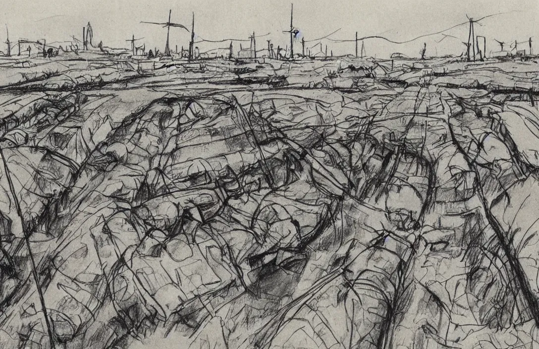 Image similar to milt kahl sketch of world war 1 trenches with the city of miami in the background