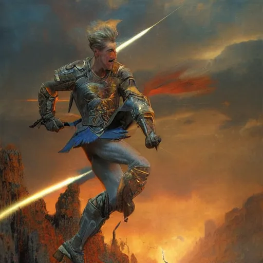 Prompt: a man with short blonde hair shooting lightning bolts at his enemy in battle. detailed matte painting. masterpiece. 4 k. fantasy art. by gaston bussiere. derek zabrocki. craig mullins