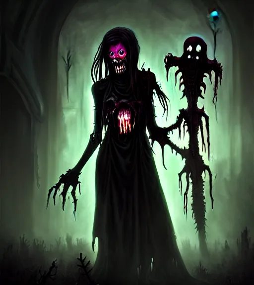 Image similar to gothic necrolord female with zombie servents, digital painting, liminal eerie midnight backlit, a picture taken by Michael Komarck and Daniel Ljunggren