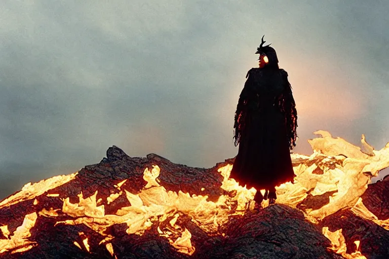 Prompt: at Dusk a witch woman dressed in an elaborate tattered cloak with hood, stands overlooking a mountain range as she holds up a lit and burning red signal flare. An american bald eagle flies towards her. Portrait by annie Liebowitz.