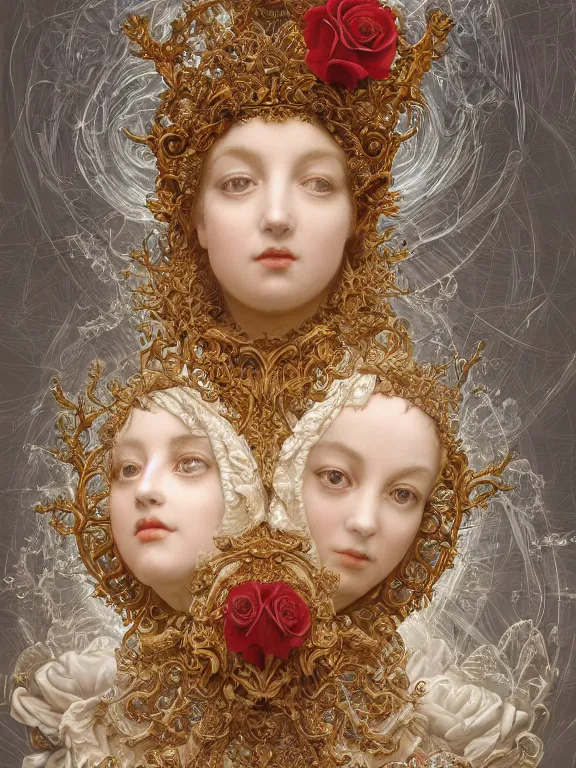 Image similar to a beautiful render of catholic rococo roses veiled red queen sculpture with symmetry intricate detailed,by Lawrence Alma-Tadema and aaron horkey and NekroXIII and Billelis and peter gric,Trending on artstation,ZBrush,maximalist,glittering,gold,silver,ivory,hyperreal,golden ratio,cinematic lighting