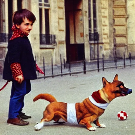 Image similar to a french boy on the streets of paris playing football against a corgi, the dog is wearing a polka dot scarf, book illustration, 1 9 6 6