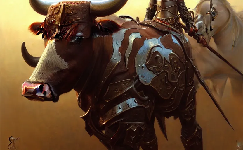 Image similar to cow warrior as a realistic fantasy knight, closeup portrait art by donato giancola and greg rutkowski, realistic face, digital art, trending on artstation, symmetry!!