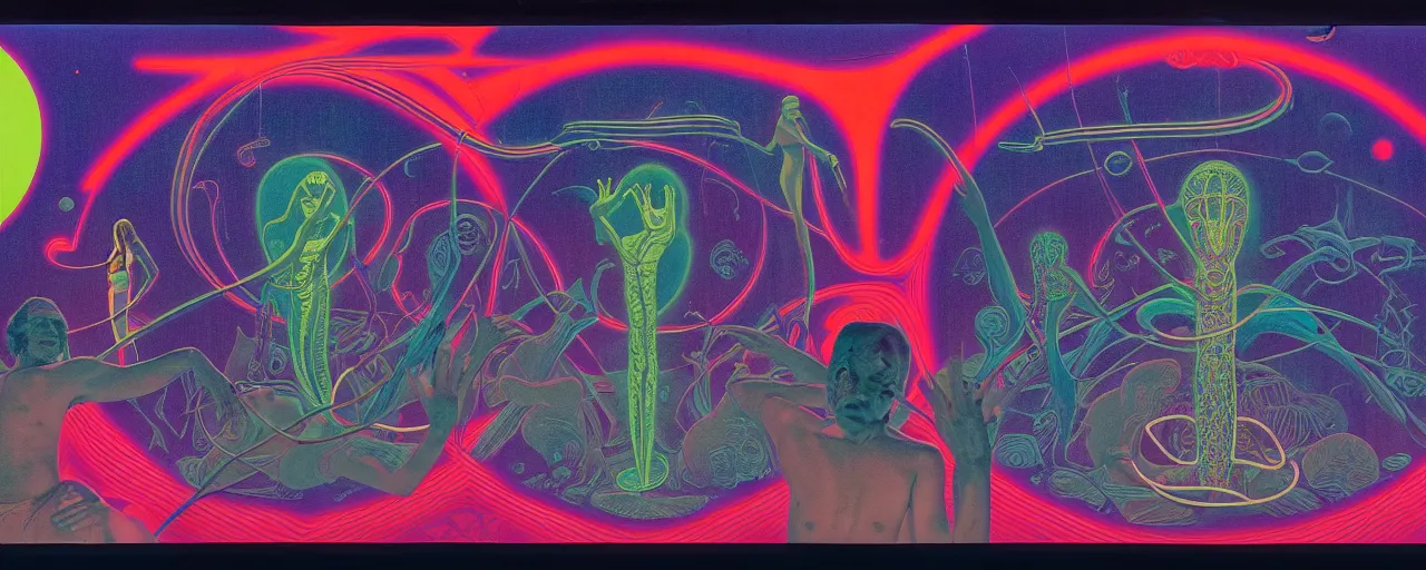 Image similar to 1968 cut out collage, theater stage, neon Greek, dusk on Jupiter, epic theater, deep sea ambience, aquatic plants, film noir, in part by Alex Grey, part by Moebius, composition William S Boroughs, written by H. P. Lovecraft