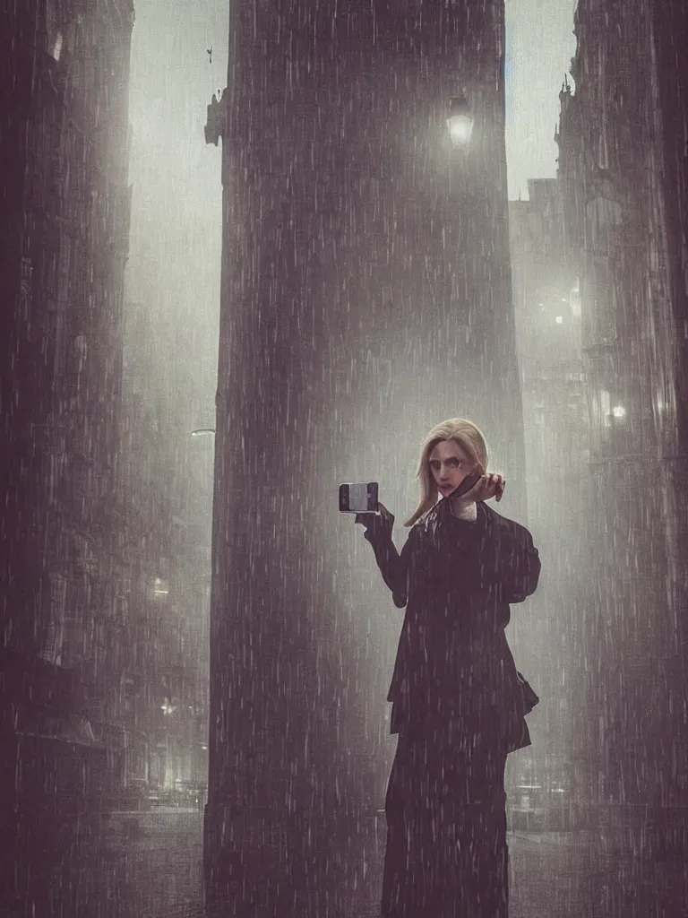 Image similar to cute annie leonhart taking a selfie in dunwall city, beautiful face, detailed face, natural lighting, rainy weather, volumetric light, gothic architecture, natural reflections, model agency, instagram photo, depression atmosphere, shot on iphone 1 3 pro, natural beauty, postprocessing