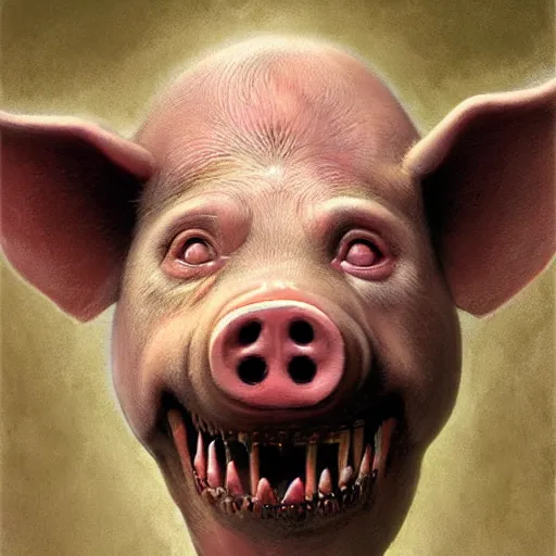 Prompt: anthropomorphic pig, vladimir putin pig hybrid, pig putin face mix, transformation, macabre, horror, by donato giancola and greg rutkowski and wayne barlow and zdzisław beksinski, realistic face, visible face, digital art