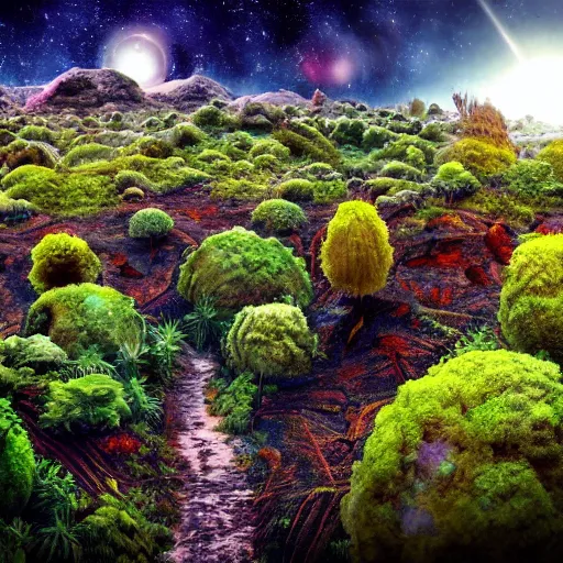 Prompt: photo of a beautiful alien landscape, on an alien planet, lush vegetation made up of alien plants, universe in the background