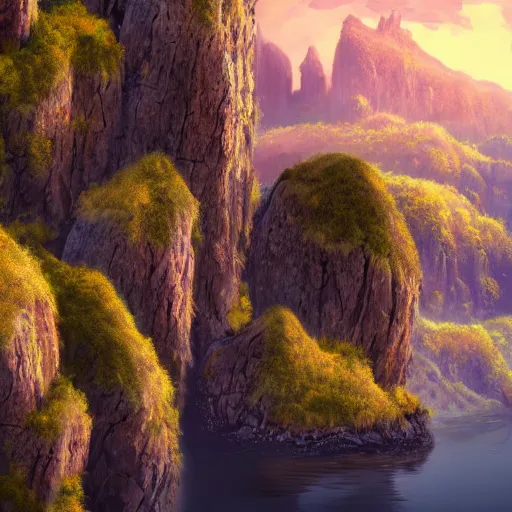 Prompt: basalt cliffs and mountains, floating islands fantasy landscape, high detail, fantasy art, concept art, 4 k, ultra detail, computer art