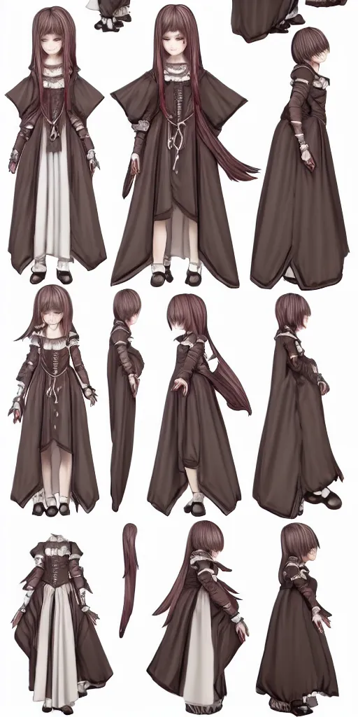 Image similar to A narcoleptic anime girl game character, renaissance style dress, doll-like, character design sheet, detailed eyes, HDR