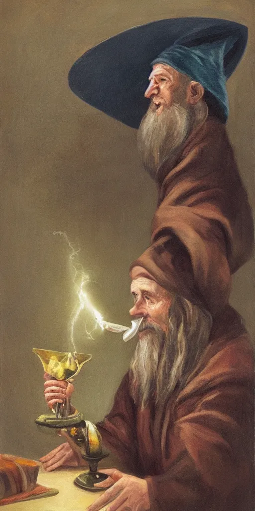 Prompt: a mystical man with a goblet on the table, wizard hat