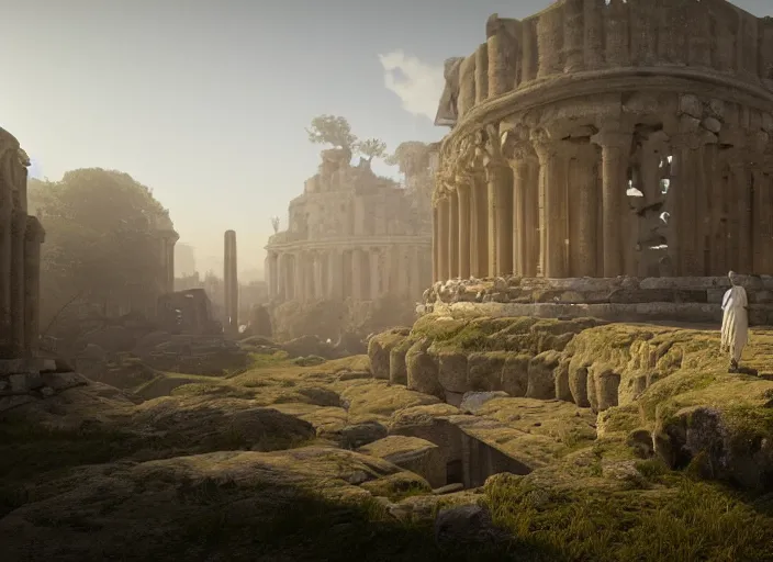 Image similar to a land of ruins of lost civilization with a fort in the middle, golden pillars, water tunnels below and a time gate to another dimension, a wounded man wearing a white robe standing watching over, dramatic lighting, dawn, by caspar david friedrich, unreal engine 5