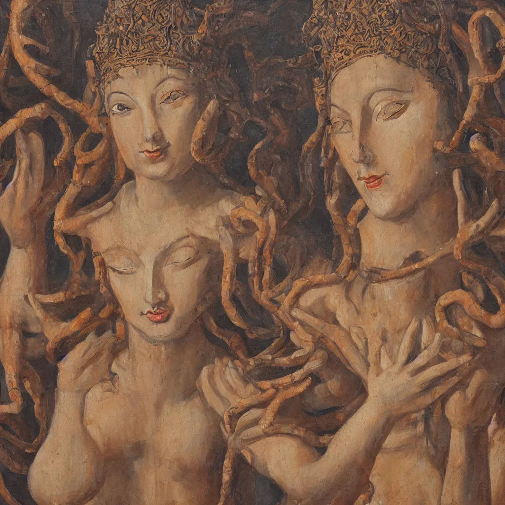 Image similar to young woman deity with multiple arms, highly detailed, oil painting