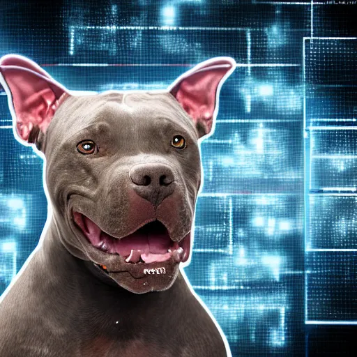 Prompt: A 4k image of an augmented cyborg American Pit Bull Terrier with whole body covered in cybernetic enhancements. high detail. digital art