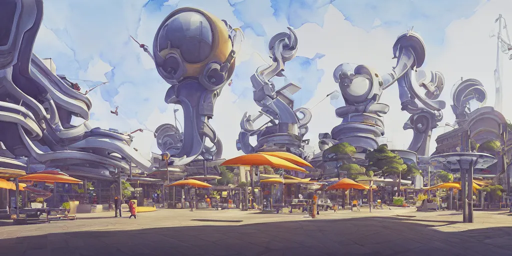 Prompt: overwatch building, stylized, exterior, architecture, in watercolor gouache detailed paintings, insanely detail, artstation, 8 k, futuristic, big medium small, arcane, simon stalenhag, food stall, interesting shapes & form, golden ratio, megastructures, vitaly bulgarov, mall, jungle, environment, nature, zaha hadid, night, afterdark