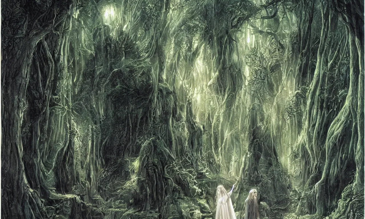 Prompt: Galadriel in Lothlórien, art by Vicente Segrelles and Don Maitz, fantasy illustration, Tolkein art