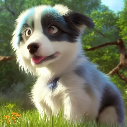 Prompt: a wholesome animation key shot of a blue merle australian shepherd puppy, studio ghibli, pixar and disney animation, sharp, rendered in unreal engine 5, anime key art by greg rutkowski, bloom, dramatic lighting