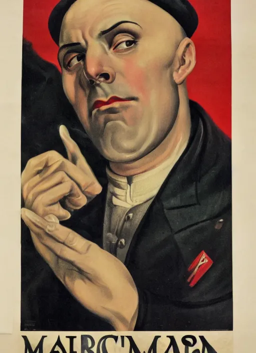 Image similar to portrait of glamorous bald medieval man with annoyed gesture, 1940s propaganda poster, full hd,highly detailed