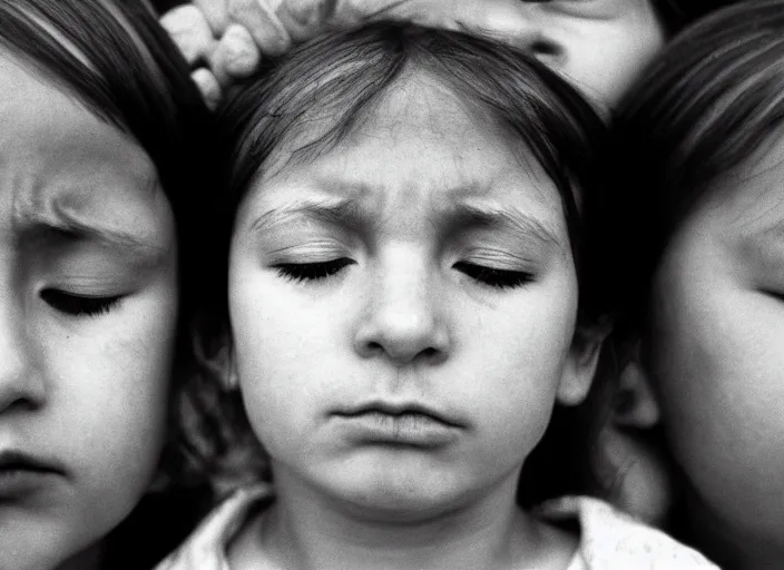 Image similar to high resolution black and white portrait with a 5 0 mm f / 1. 4 lens of russian children with their eyes closed in grief in 1 9 8 4.