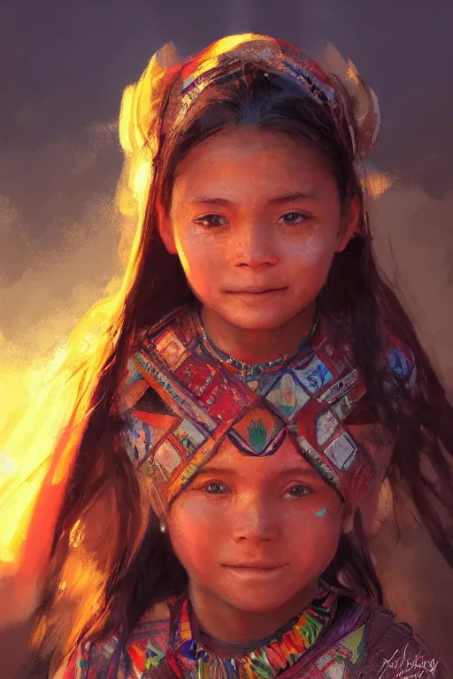 Prompt: aztec little girl, joyful, close - up portrait, intricate, elegant, volumetric lighting, scenery, digital painting, highly detailed, artstation, sharp focus, illustration, concept art, ruan jia, steve mccurry