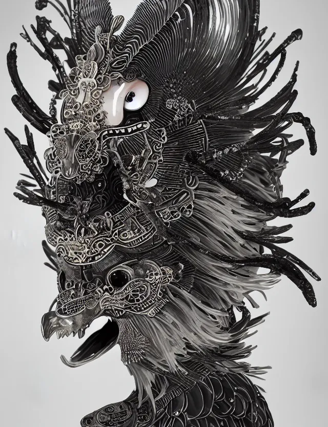 Image similar to goddess macro close - up portrait wigh crown made of ram skull. beautiful intricately detailed japanese crow kitsune mask and clasical japanese kimono. betta fish, jellyfish phoenix, bioluminiscent, plasma, ice, water, wind, creature, artwork by tooth wu and wlop and beeple and greg rutkowski