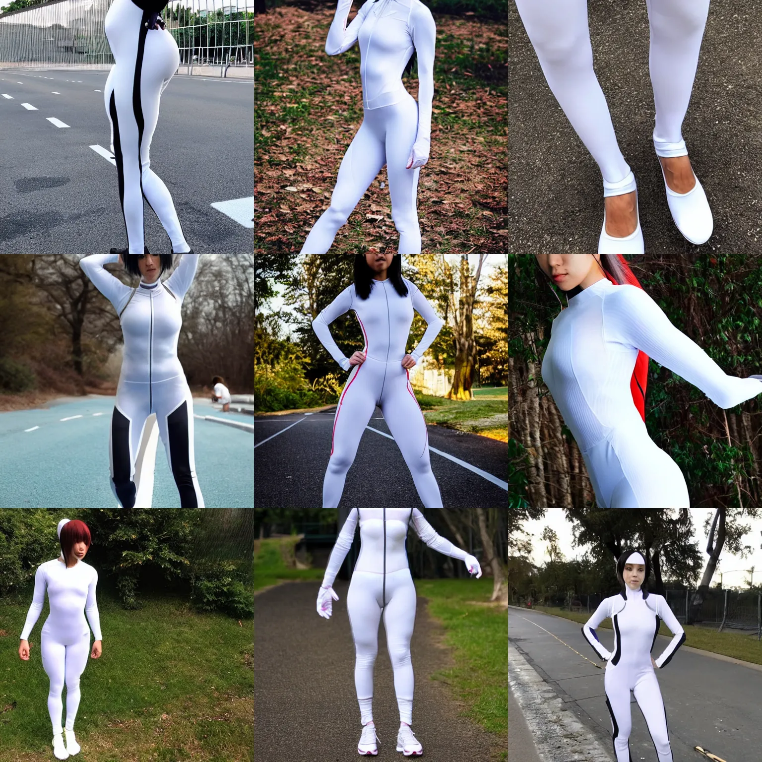 Prompt: athletic woman jogger wearing skintight white catsuit with a transparent mesh stripe all the way up the left side, from her ankles to her neck, and you can see the color of her skin through the mesh. ayanami rei cosplay, instagram photo