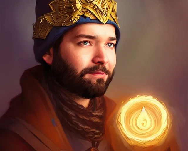 Image similar to a portrait of alexis ohanian as a wizard, wizard hat, handsome, deep focus, d & d, fantasy, intricate, elegant, highly detailed, digital painting, artstation, concept art, matte, sharp, illustration, hearthstone, art by artgerm and greg rutkowski and alphonse mucha