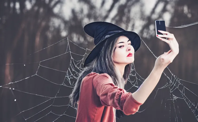 Prompt: a spider witch taking a selfie photo, detailed. artstation. 2 5 mm f / 1. 7 asph lens. ultra realistic