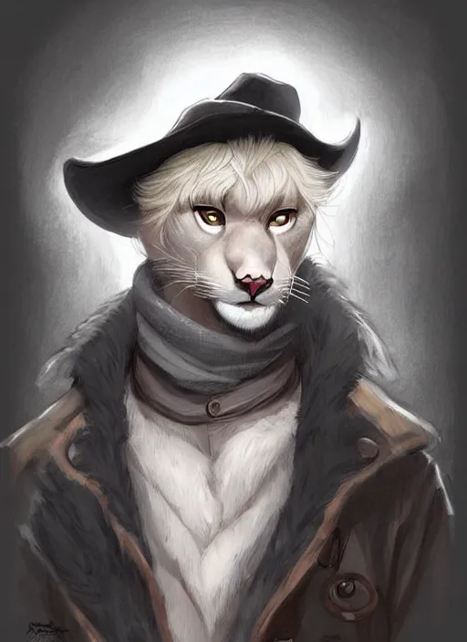 Prompt: beautiful portrait commission of a male furry anthro!!! albino mountain lion wearing old-timey miner's clothes. Atmospheric. Character design by charlie bowater, ross tran, artgerm, and makoto shinkai, detailed, inked, western comic book art