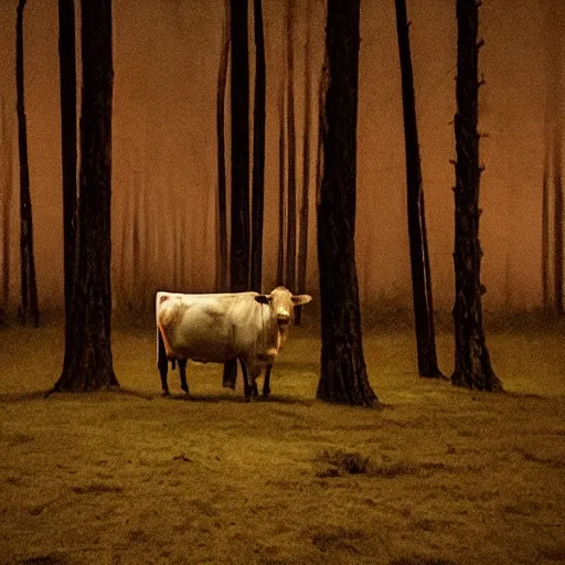 Image similar to low quality photograph of a cow looking at the camera at night, dark, creepy mood, dark forest, low lighting