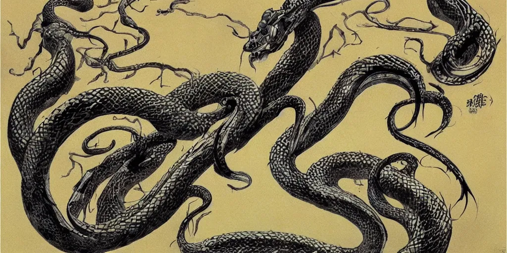 Prompt: a brilliant epic ink sketch of a chinese snake by roger dean in the style of baroque art, very, very aesthetic