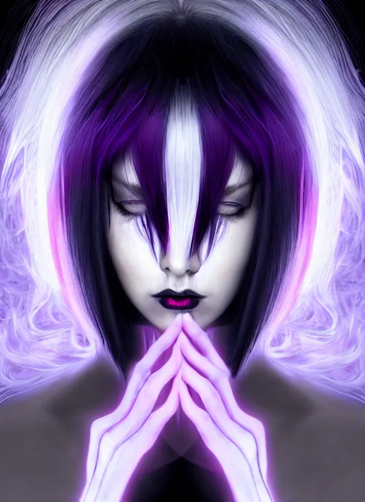 Image similar to hair whitebangs hair, black cyberlox, portrait of teenage girl with white bangs, whitebangsblackhair, messy bangs, cyberlox, whitebangs, red irises, purple clothes, intricate, elegant, glowing lights, highly detailed, digital painting, artstation, concept art, sharp focus, illustration, art by wlop, mars ravelo and greg rutkowski