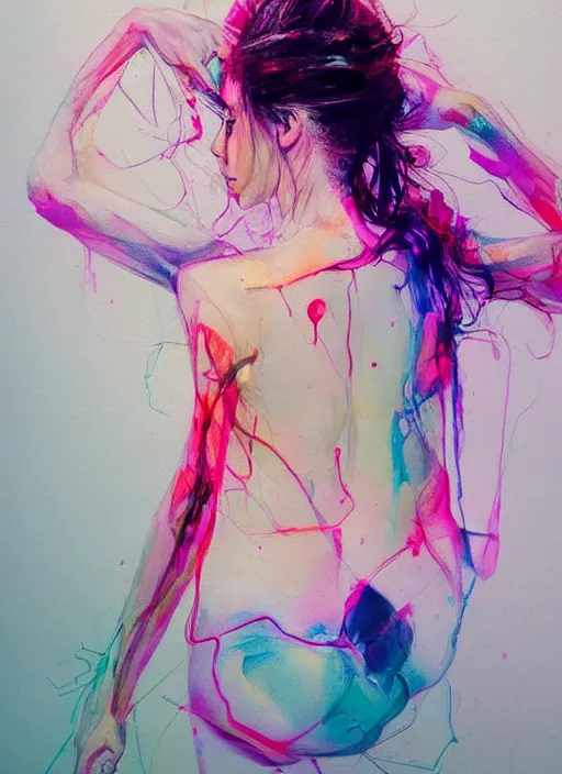 Prompt: gorgeous woman in short by agnes cecile, view from back, bent - over posture, half body portrait, extremely luminous bright design, pastel colours, ink drips, autumn lights