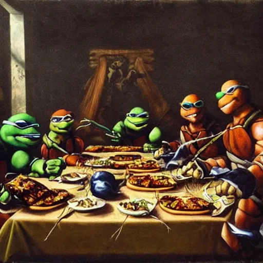 Prompt: teenage mutant ninja turtles are sitting at the table. da vinci. secret supper. there is a cola on the table. pizza on the table. realistic oil painting on canvas