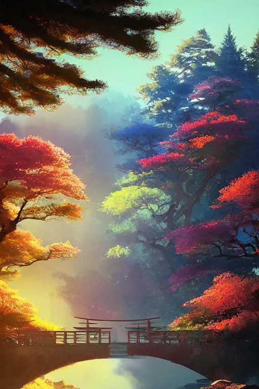 Image similar to traditional elegant delicate Japanese Torii in a colorful magic moutain with trees ,morning , sunshine ,by Grzegorz Rutkowski, concept art