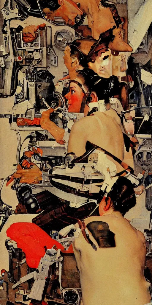 Image similar to Cyborg AI painting a portrait of it self. Norman Rockwell style. Ultra-high details.