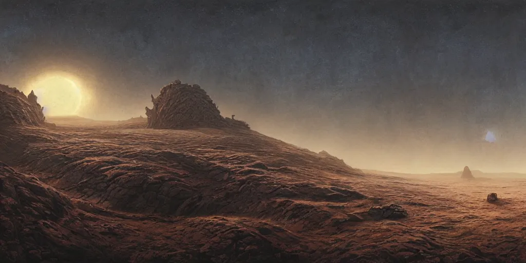 Prompt: Alien landscape, Les Edwards, Zdzislaw Beksinski, Carl Gustav Carus, John Harris, Michal Karcz, Zhang Kechun, Mikko Lagerstedt, Scott Listfield, Steven Outram, Jessica Rossier