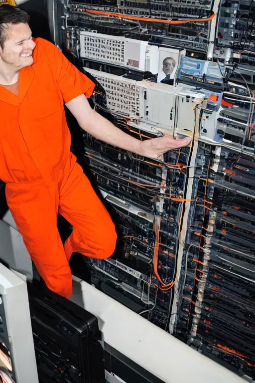 Image similar to extremely arrest photo of the programmer who killed the middle manager who bought an ibm mainframe and actually thought that was a good idea. high contrast color, orange jumpsuit, absolutely no regrets, smile on his face