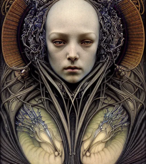 Image similar to detailed realistic beautiful young medieval alien robot grimez face portrait by jean delville, gustave dore and marco mazzoni, art nouveau, symbolist, visionary, gothic, pre - raphaelite. horizontal symmetry by zdzisław beksinski, iris van herpen, raymond swanland and alphonse mucha. highly detailed, hyper - real, beautiful, fractal baroque