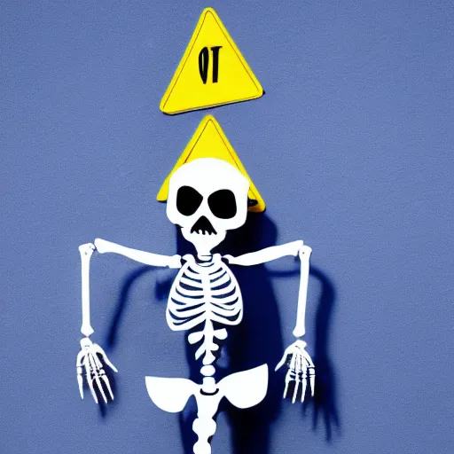 Image similar to a skeleton wearing a blue spendex suit with traffic - cones for hands