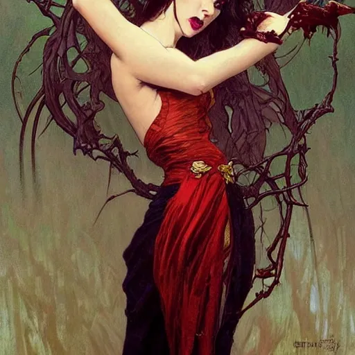 Prompt: portrait of a menacing beautiful vampire, full body by Stanley Artgerm Lau , greg rutkowski, thomas kindkade, alphonse mucha, loish, norman rockwell, J. C. Leyendecker. hair waving in the wind, pale skin, sinister complexion, thorn crown, image bordered by thorns. D&D, fantasy. Trending on artstation rule of thirds extremely detailed illustration hd 4k